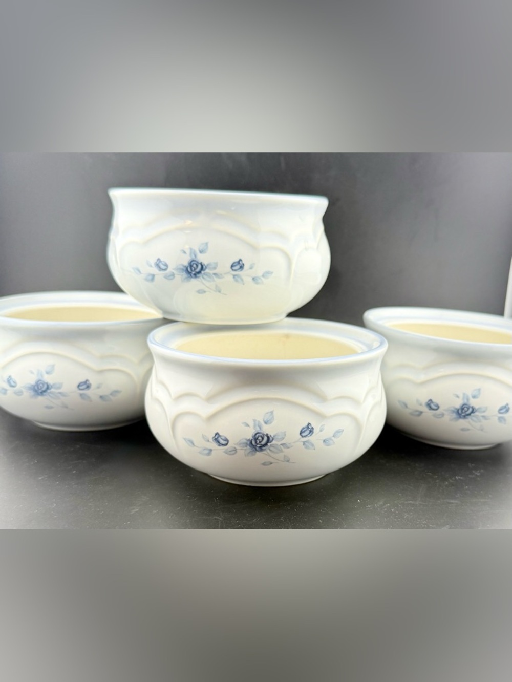 4 Pfaltzgraff Poetry Blue Rose stoneware crocks. 4.25”